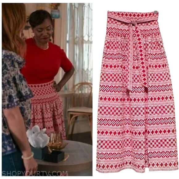 Antonio Melani Belted High Waisted Maxi Skirt Cherry Blossom Red White 0 - Picture 1 of 6